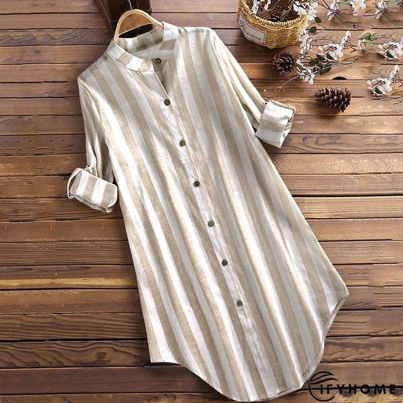 3/4 Sleeve Cotton Linen Striped Casual Casual Top & Tunic Blouse | IFYHOME