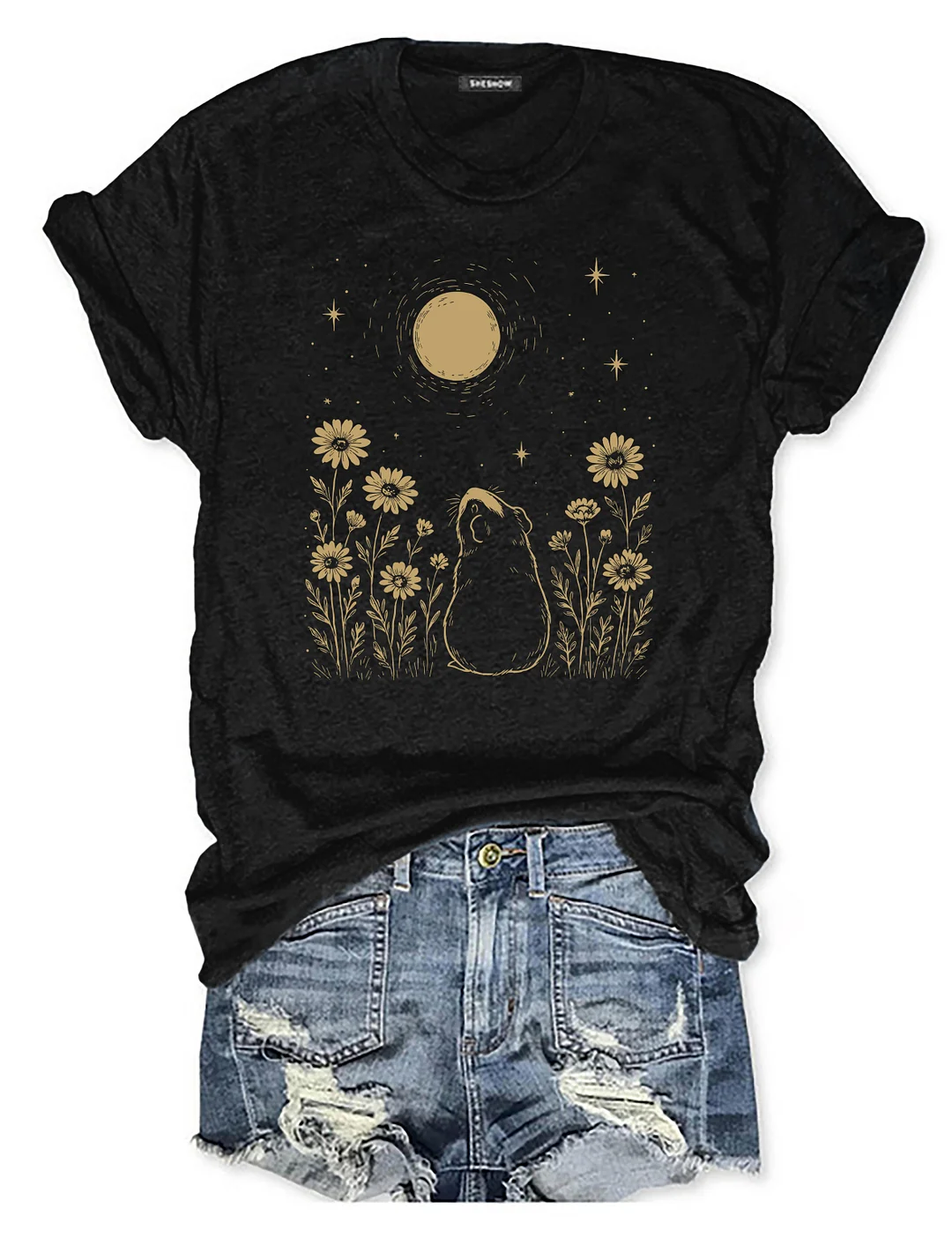 Night Flower Guinea Pig Moon T-shirt