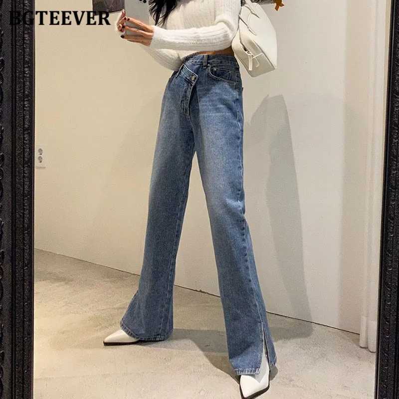 BGTEEVER Casual Asymmetric High Waist Straight Jeans for Women Side Split Denim Blue Jeans Trousers Female Long Pantalon Femme