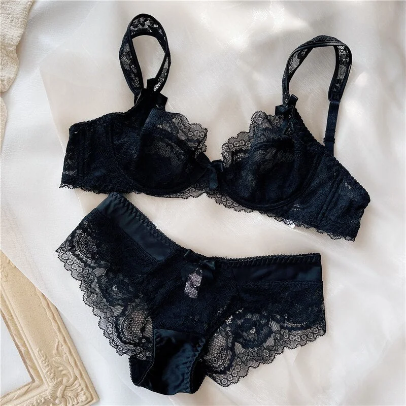 Wriufred Retro bra panty set ultra-thin lace transparent hollow steel ring anti-sagging lingerie large size underwear set summer