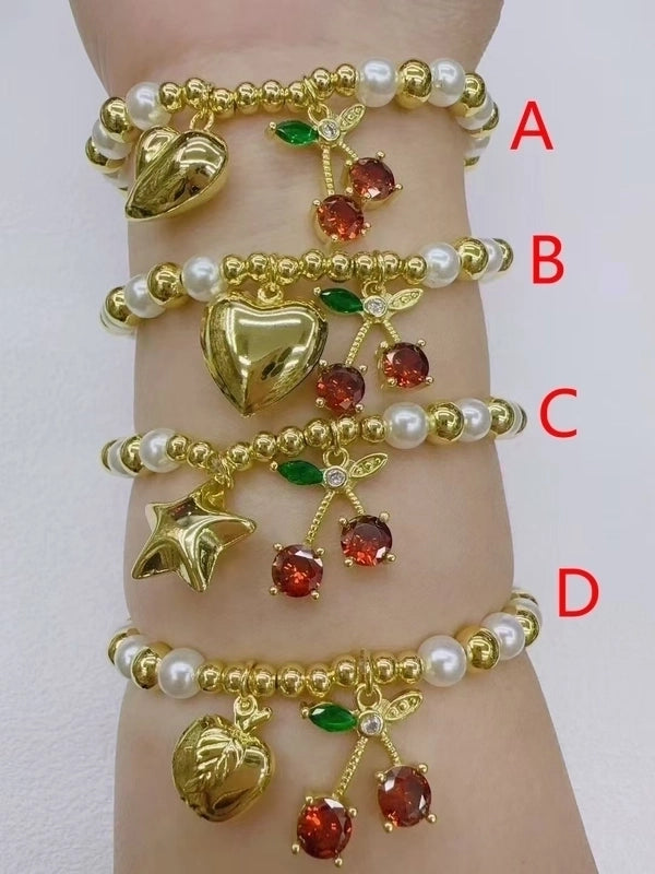 Casual Vacation Minimalist Cherry Heart Shape Apple Copper Zircon 18K Gold Plated Beaded Bracelets