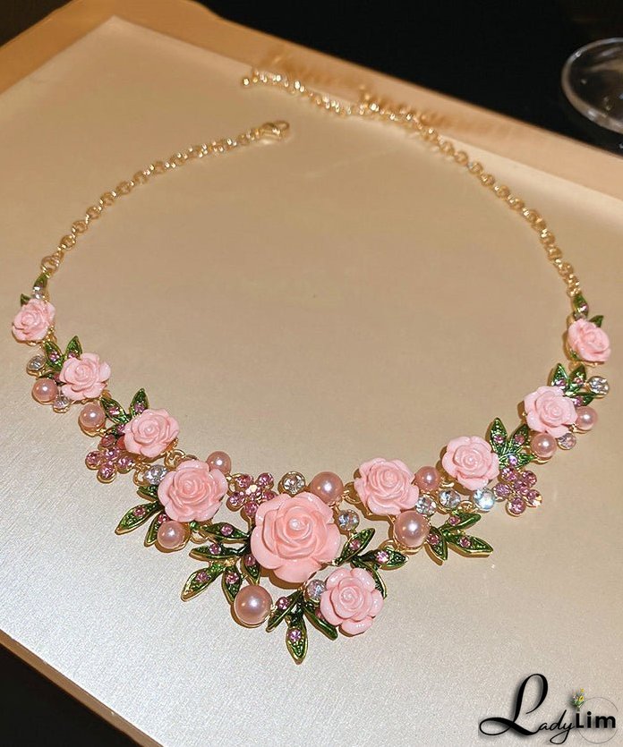 Cute Pink Sterling Silver Alloy Zircon Pearl Floral Pendant Necklace