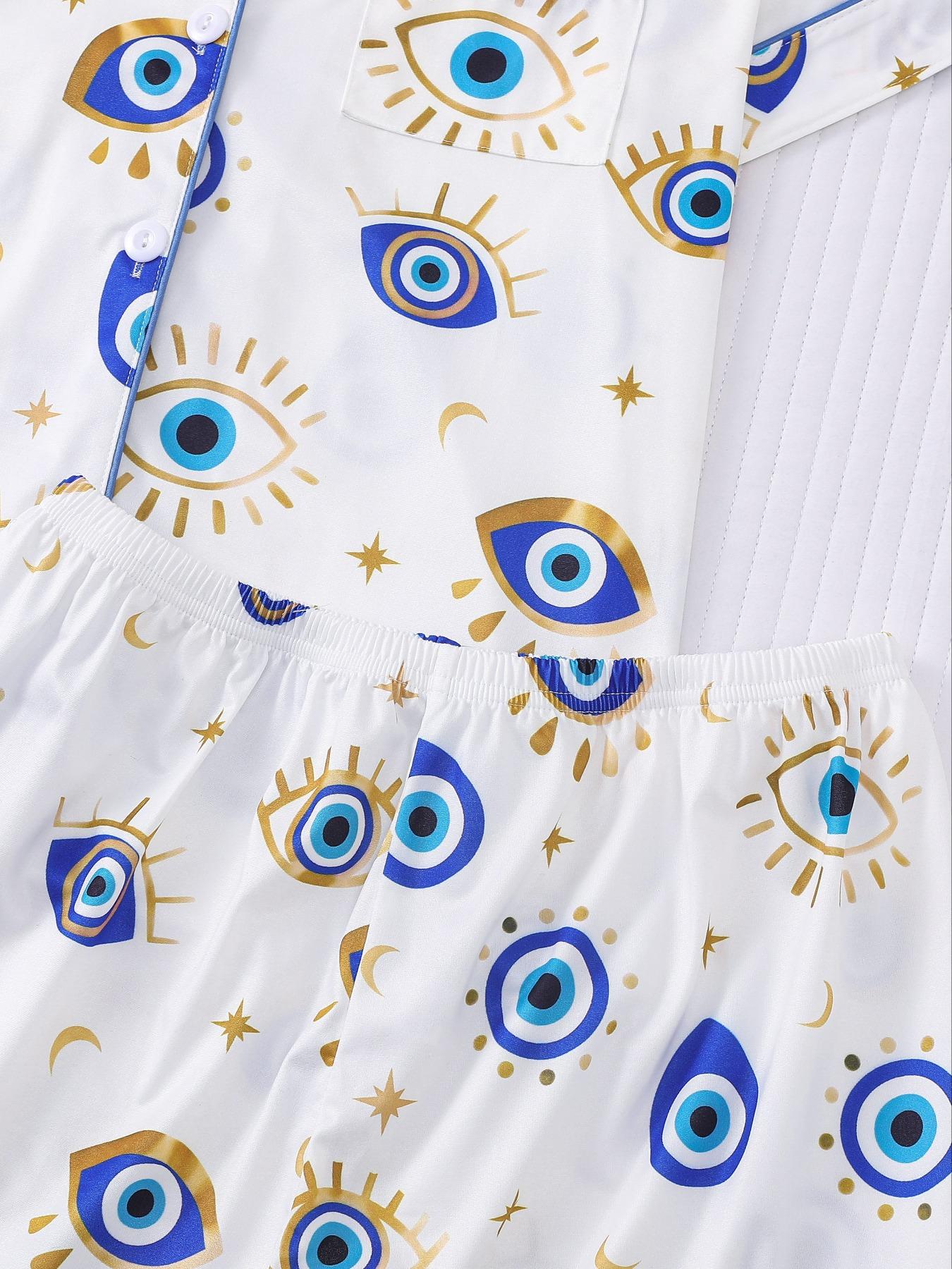 Women's All Over Cartoon Eye Print Short Sleeve Two-Piece Set, Comfy Button-Front Chest Pocket Lapel Neck Top & Elastic Waist Shorts PJ Set, Ladies Sleepwear for All Seasons, Pajamas, Loungewear