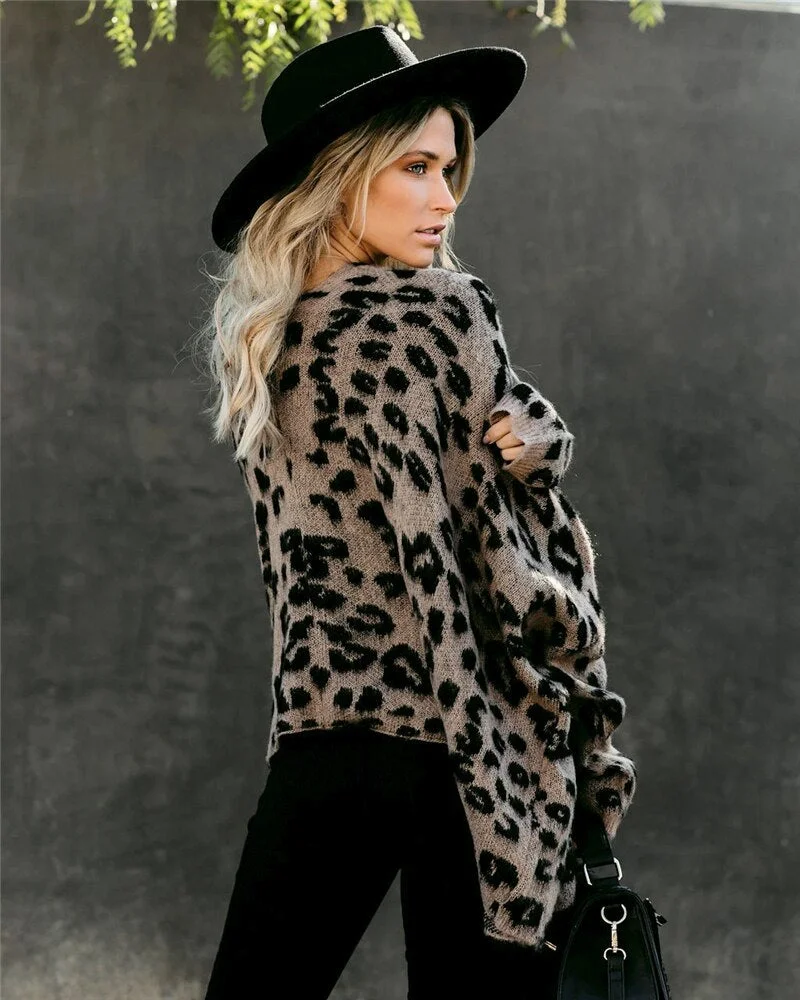 Fitshinling Pockets Leopard Winter Coat Long Cardigan Knitwear Boho Holiday Slim Knitted Cardigans Woman Clothing Sweaters 2020