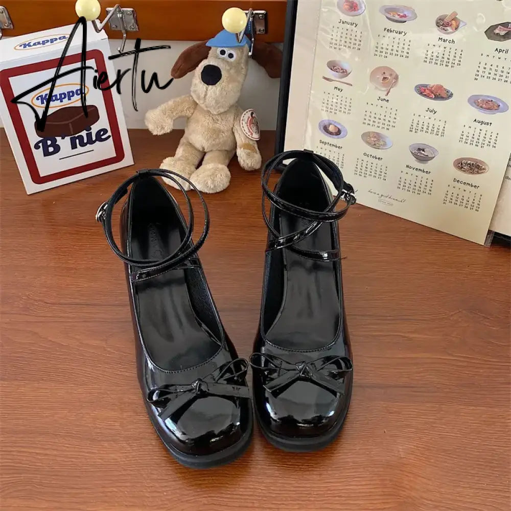Red Mary Jane Women Pumps Thick High Heels Shoes Female Lolita Square Toe Shoes Spring Fashion Party Leather Woman Shoes New Aiertu