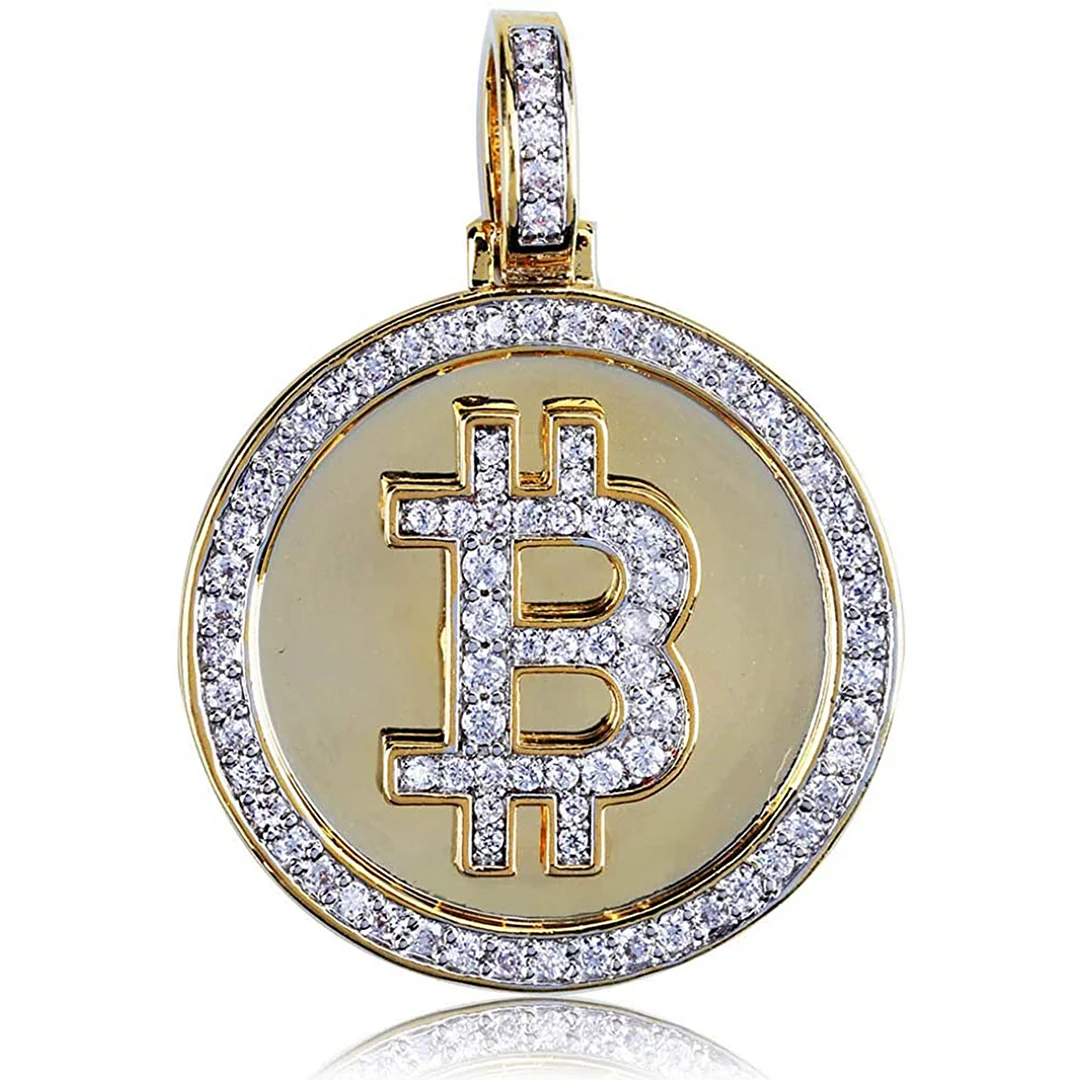 JAJAFOOK Iced Out CZ Simulated Diamond 14K Gold Plated Bitcoin Cryptocurrency Pendant Necklace with Rope Chain