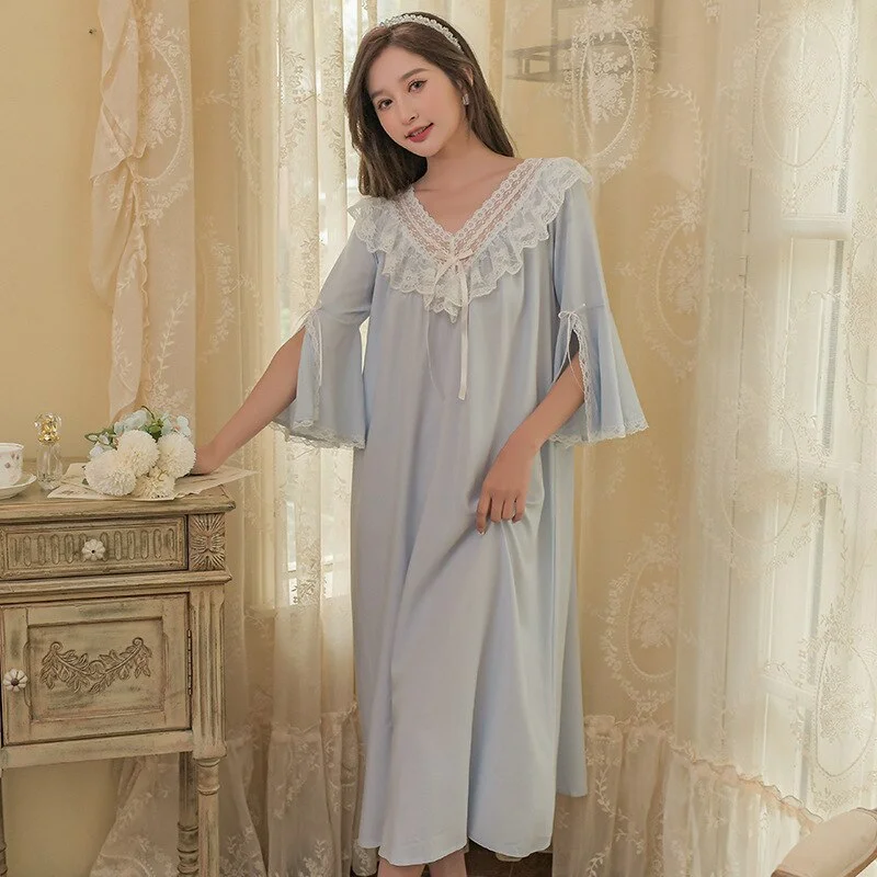 Lolita Cotton Sleepwear Court Style Princess Nightgown Home Dress Sweet Flare Sleeve Sleepshirt  V-Neck Lace  Casual Outwear