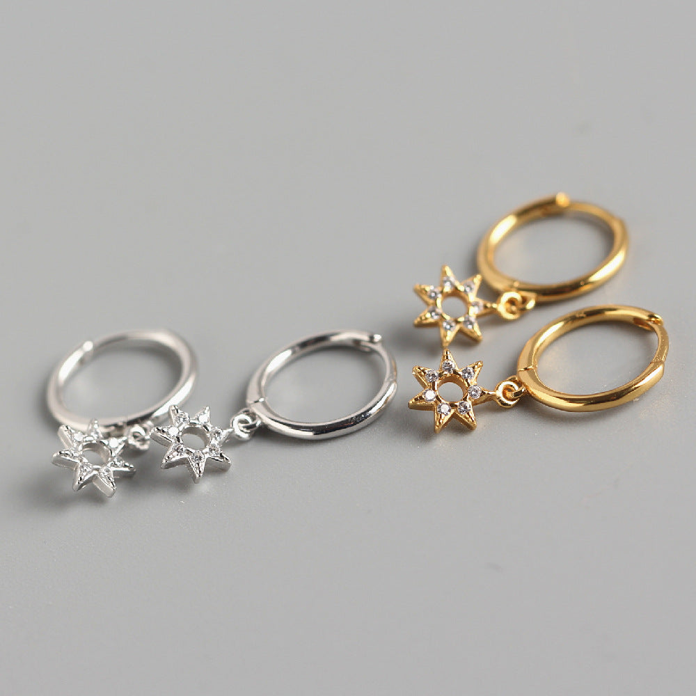 925 Sterling Silver Cute Octagram Silver Diamond Inlay Stud Earrings