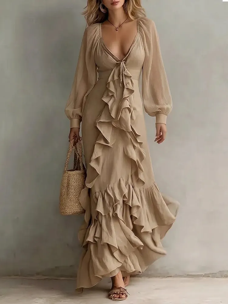 Women's Elegant Lace-trimmed V-neck Dress