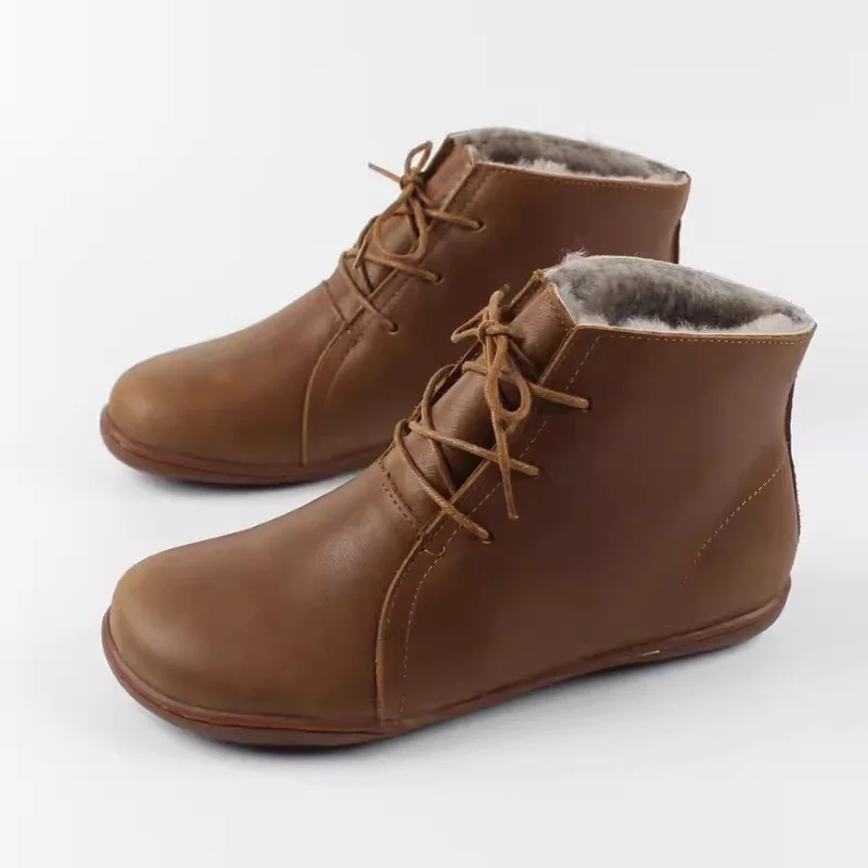 Churchf Churchf Wool Snow Boots Handmade Leather Flat Short Boots Women's Winter Plus Velvet Sheep Fur One Vintage Plus Size Women's Shoes