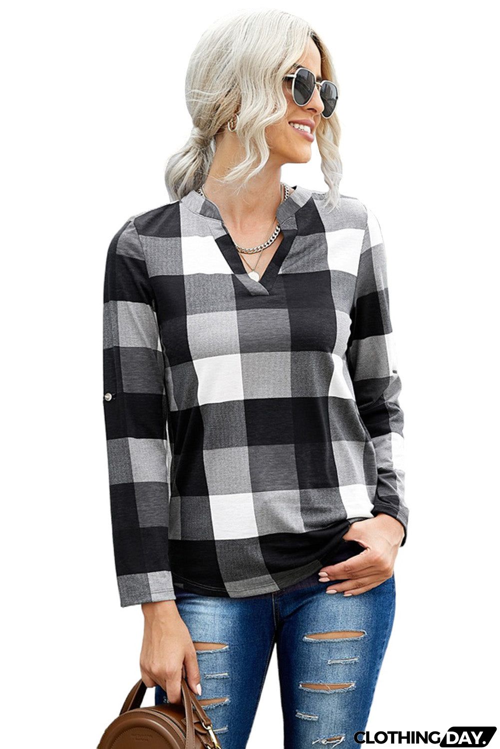 Contrast Plaid V Neck Long Sleeve Top