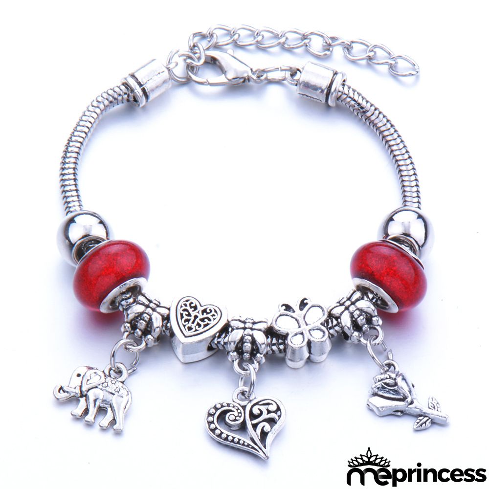 Women Fashion Rhinestone Butterfly Crown Pendant Beaded Bracelet