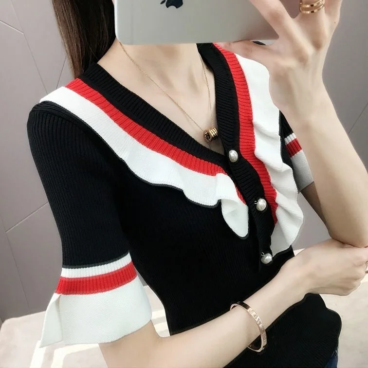 Ruffled Short-sleeved Knitted Sweater Female Stitching Slim Button Color Matching V-neck Sweater Pullover Women Spring Summer