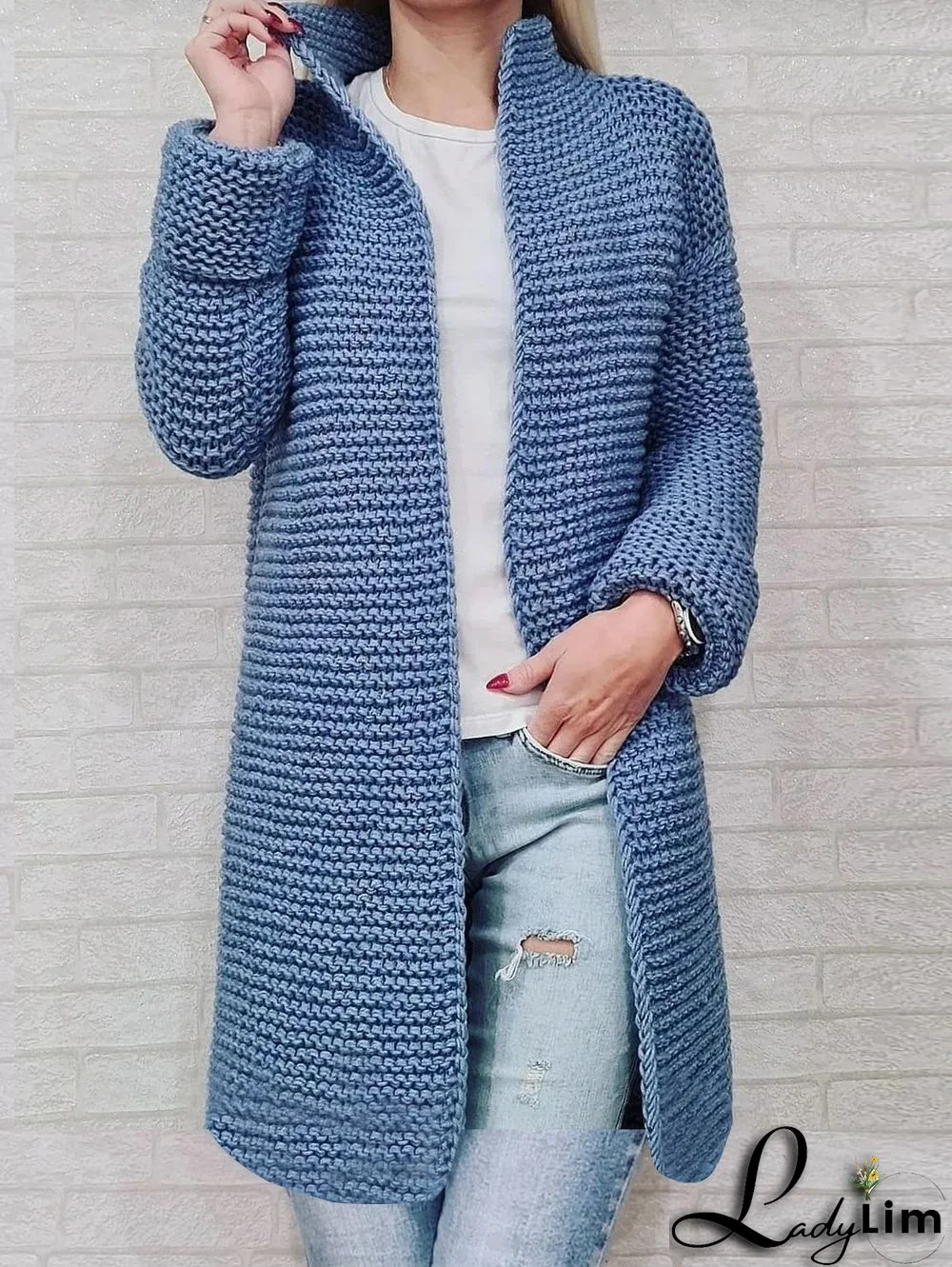 Casual Textured Knit Plain Stand Collar Long Sleeve Cardigan Coat