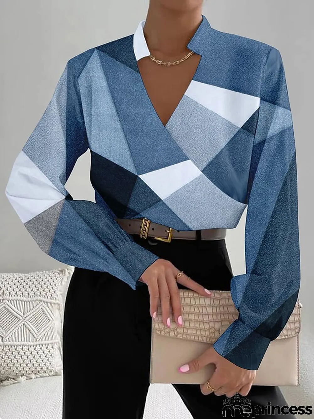 Women's Blouse Color Block Work Pink Blue Green Print Long Sleeve Fashion V Neck Regular Fit Spring & Fall