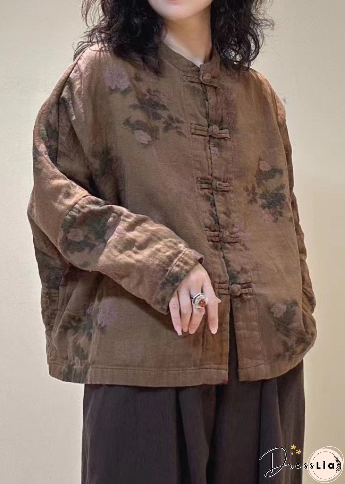 Vintage Mulberry Stand Collar Print Chinese Button Linen Blouses Spring