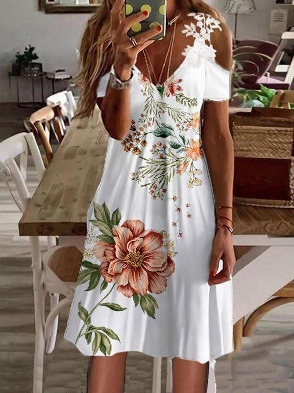 Women's Vintage Lace Hollow Shoulder V-Neck Floral Dress