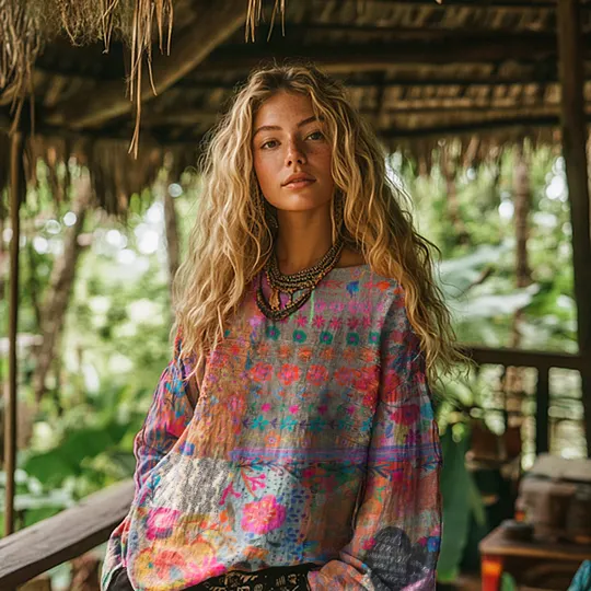 Vintage Bohemian Floral Print Cotton and Linen Loose Top