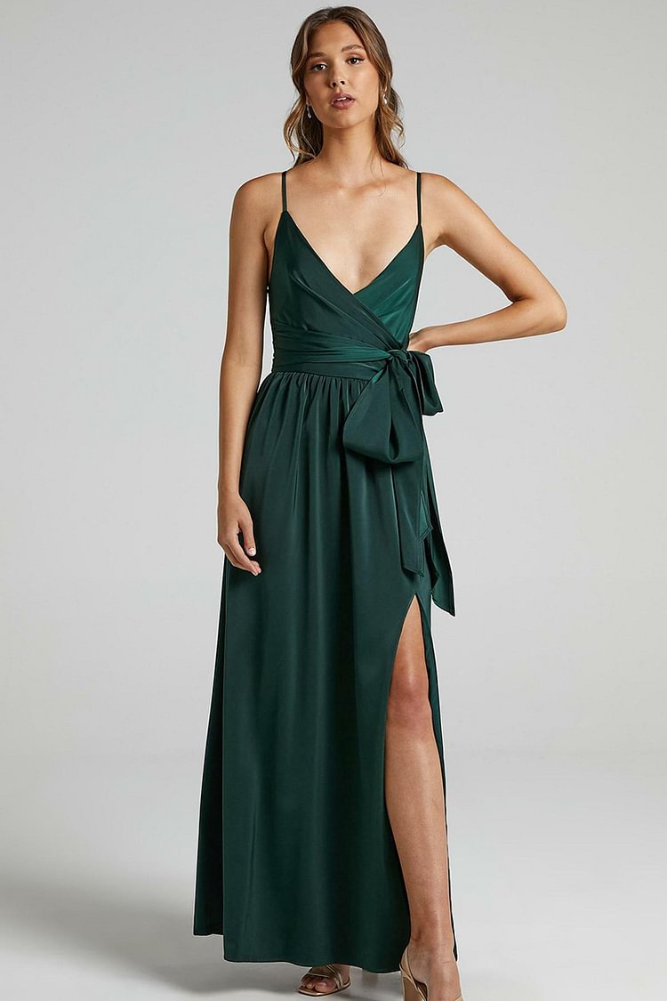 V Neck Knotted Split Gown Slip Bridesmaid Maxi Dresses