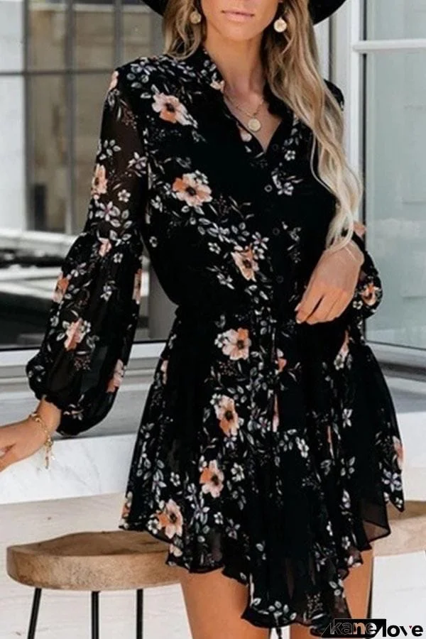 Long Sleeve V-neck Simple Print Dress