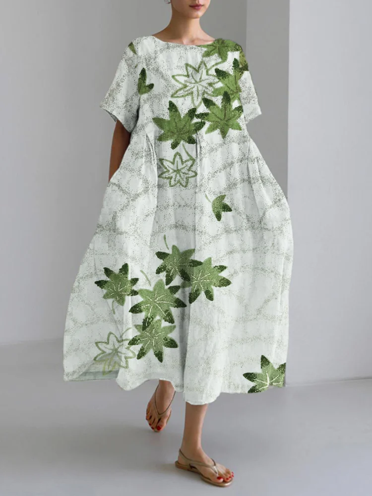 VChics Maple Leaf & Wave Pattern Japanese Art Linen Blend Maxi Dress