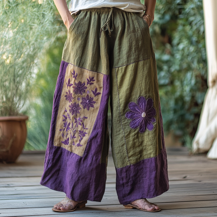 Utbros Vintage Bohemian Lavender Patchwork Art Printed Cotton Linen Wide Leg Pants