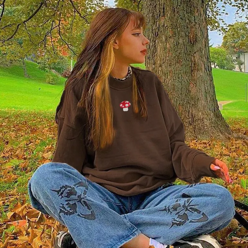 Oversized Sweatshirts Vintage Brown Hoodies Long Sleeve Top Aesthetic Fashion Korean Crewneck Pullovers Streetwear Y2K