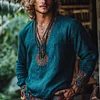 Men's Bohemian Holiday Style Vintage Linen Printed Casual Long Sleeve Top by Inlyline
