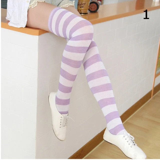 Over Knee Long Stripe Printed Cotton Plus Size Socks
