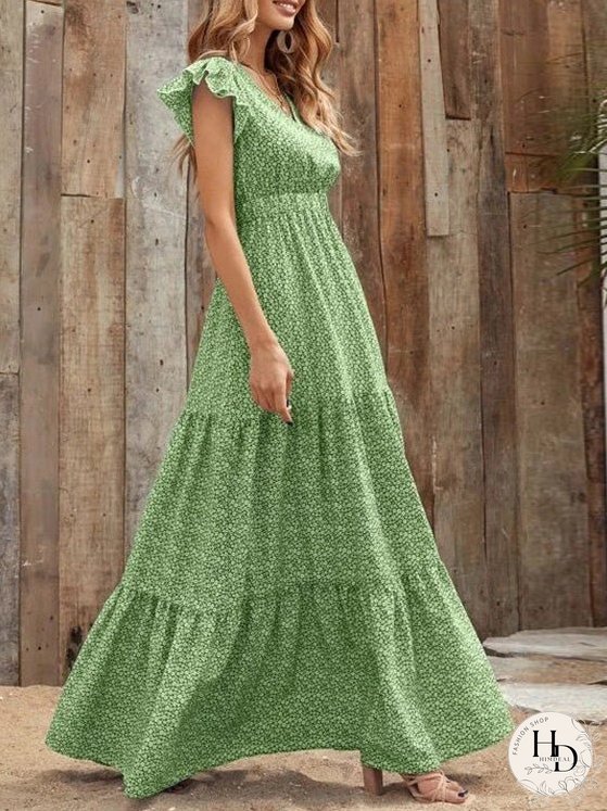 Dresses Floral V-Neck High Waist Ruffle Dress for Women