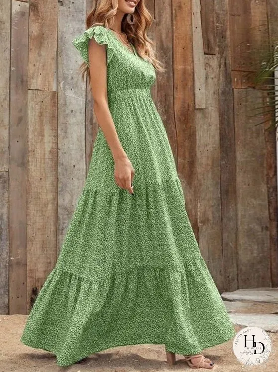 Dresses Floral V-Neck High Waist Ruffle Dress for Women