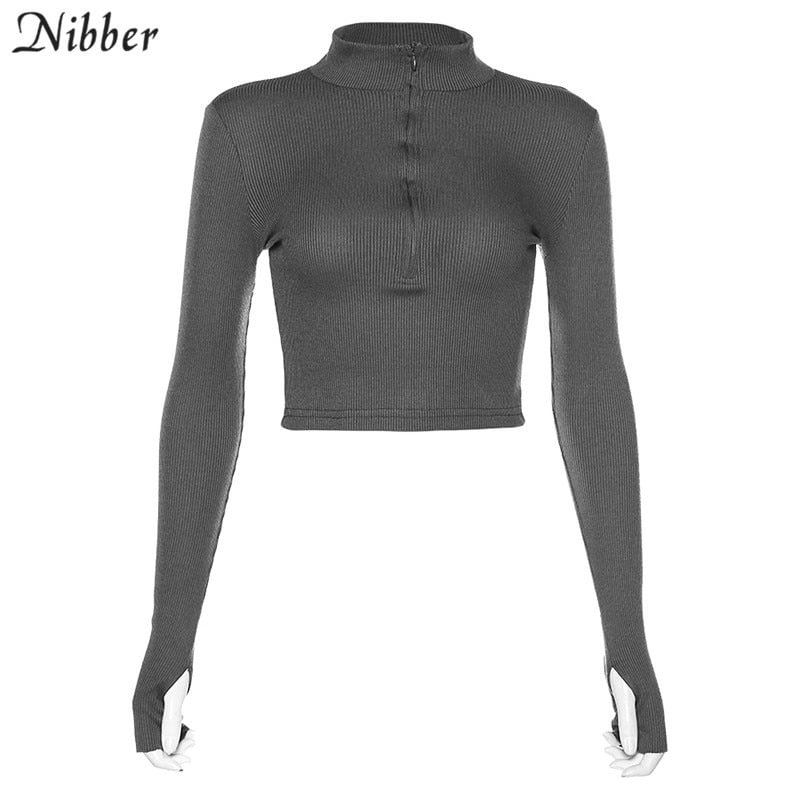 NIBBER solid color casual T-shirt women  long sleeves turtleneck crop tops sexy simple style party club 2020 spring summer new