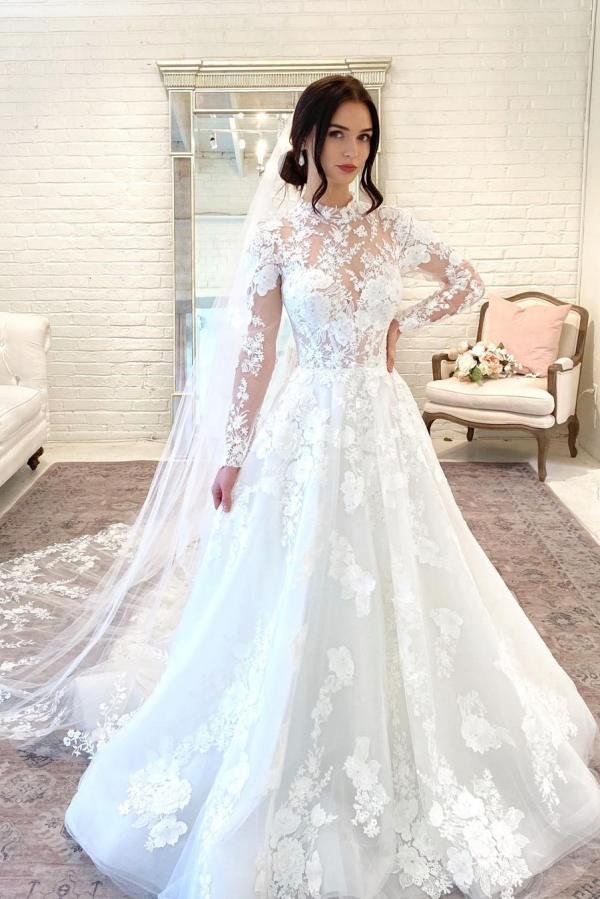 Chic Long Open Back A-line High Neck Wedding Dress With Lace Sleeves | Ballbellas Ballbellas