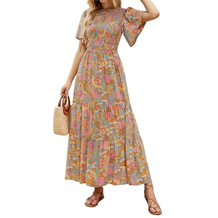 Women's 2026 Summer Casual Floral Print Short Flutter Sleeve Crew Neck Smocked High Waist Flowy Maxi Dress 