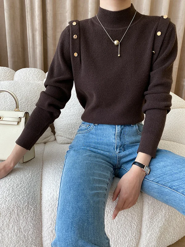 Split-Joint Buttoned Long Sleeves Stand Collar Sweater Tops
