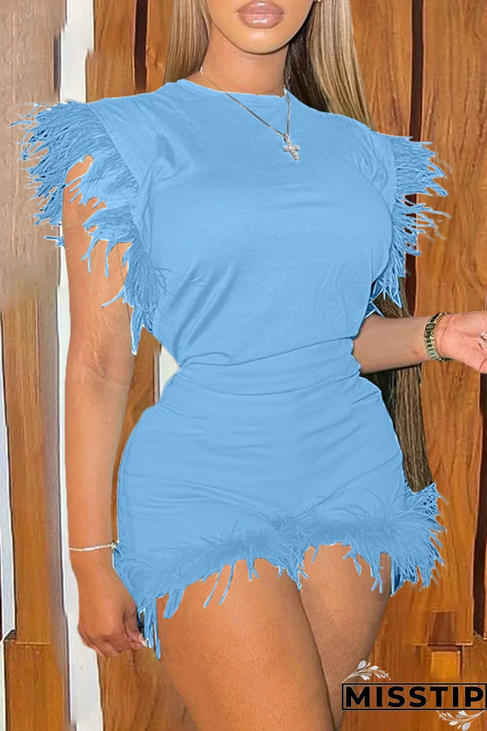 Sky Blue Fashion Casual Solid Patchwork Feathers O Neck Sleeveless Two Pieces