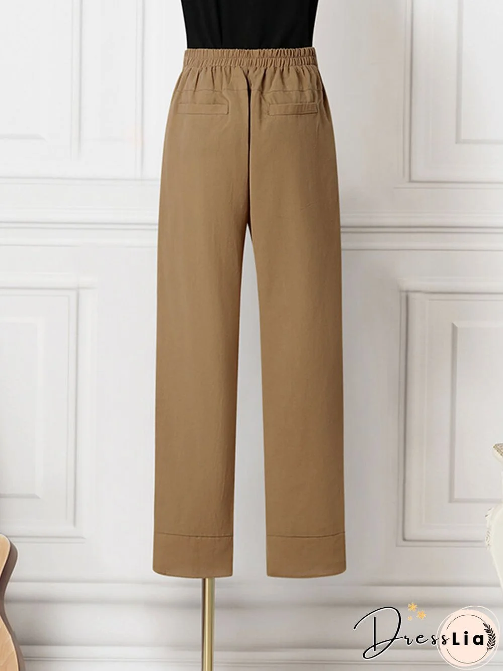Solid Pocket Elastic Waist Casual Pants For Women