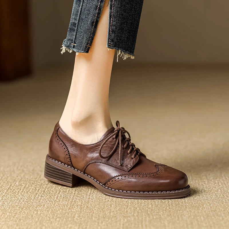 Women Pumps Oxfords Autumn Shoes for Woman Genuine Leather Brogues Retro Lace Up Loafers Casual Handmade Black Girls Shoes Aiertu