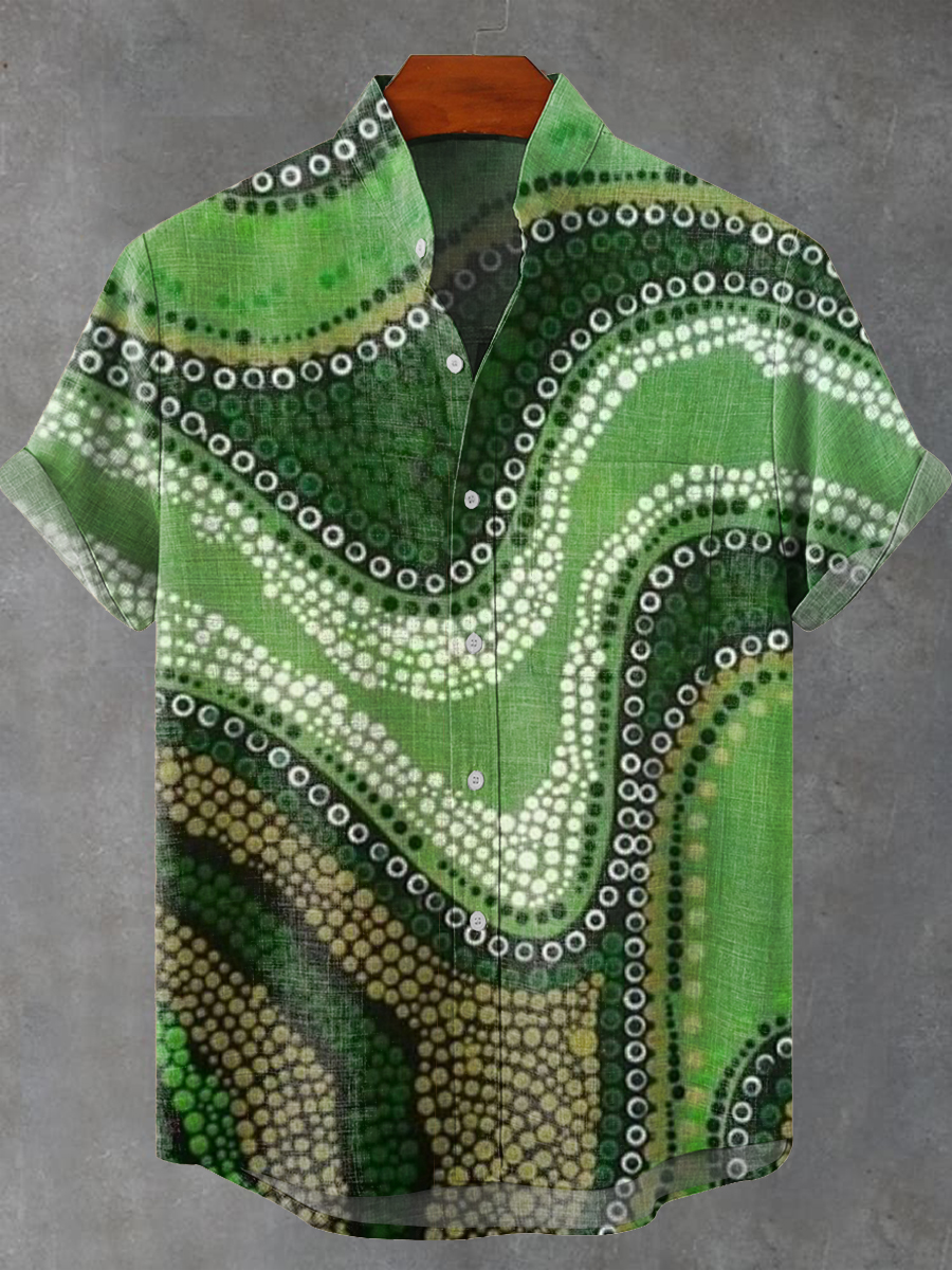 Vintage Abstract Wave Dot Painting Art Print Casual 100% Cotton Shirt