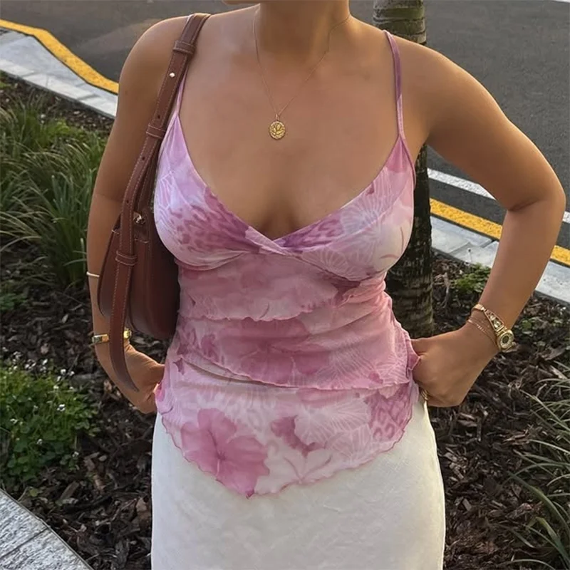 Women Vest Tie Dye Print Camisole Elegant Ladies V Neck Sleeveless Layers  Backless Tank Tops Crop Tops