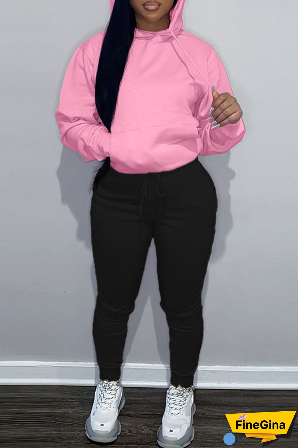 Pink Casual Solid Patchwork Hooded Collar Long Sleeve Two Pieces