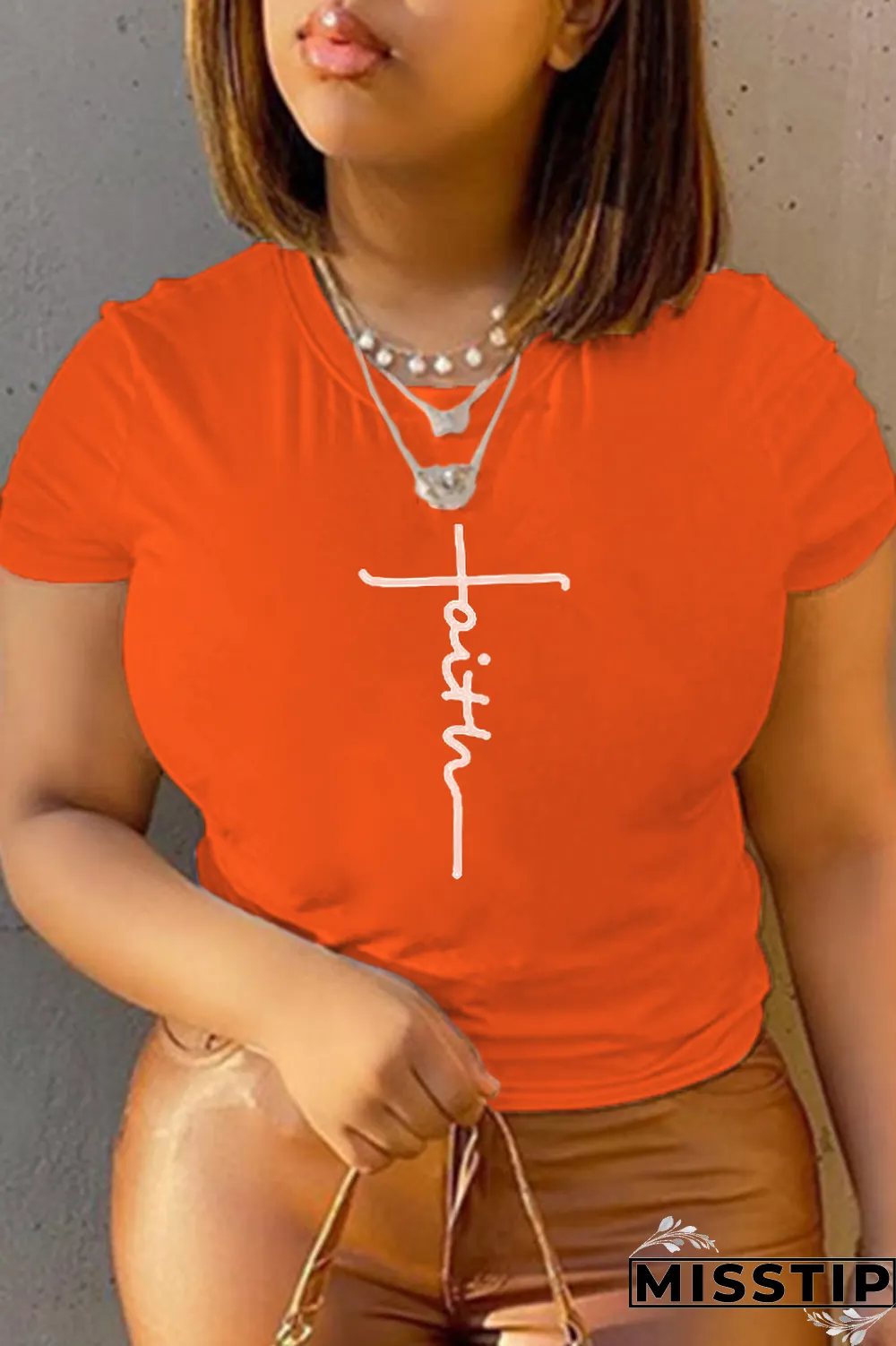 Orange Street Vintage Print Patchwork O Neck T-Shirts