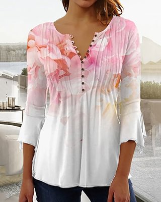 Floral Print V-Neck Long-Sleeved Top