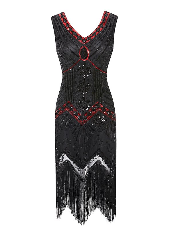 Vintage Beaded Fringed V Neck Sleeveless Bodycon Dress