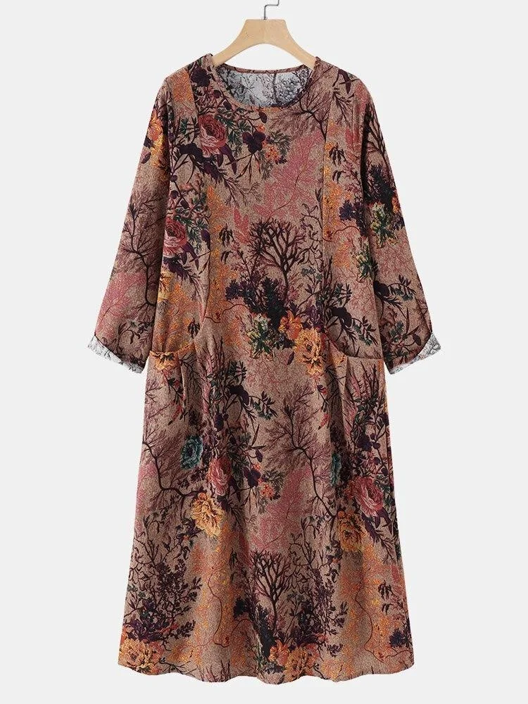 National Style Small Floral Linen Dress
