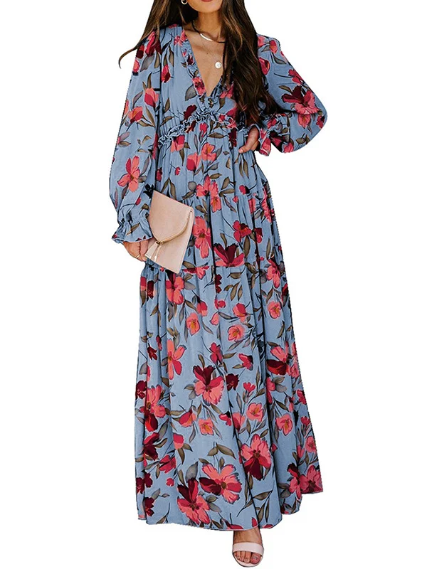Graceful High-Waisted Long Sleeves Floral Print Maxi Dresses