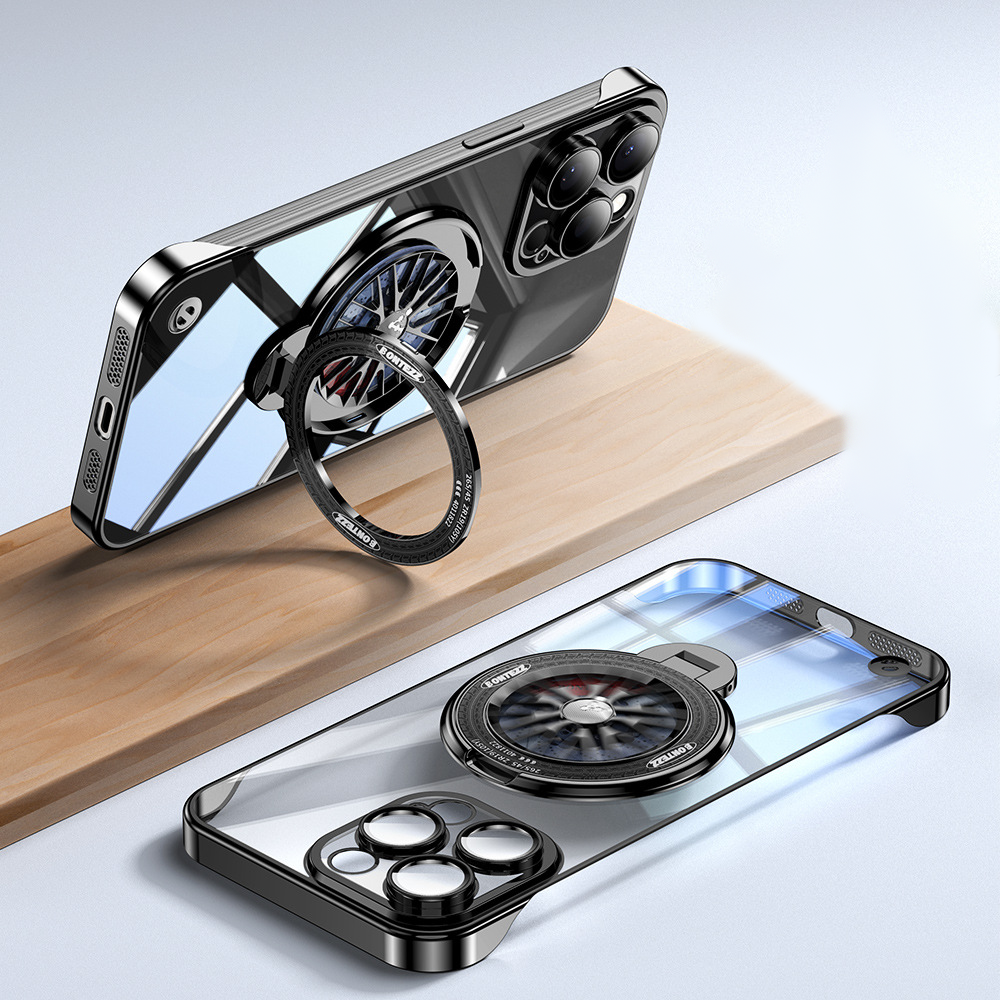 Ultra-Thin Transparent PC Phone Case with Borderless Design, Heat-Dissipating Gyroscope Stand for iPhone