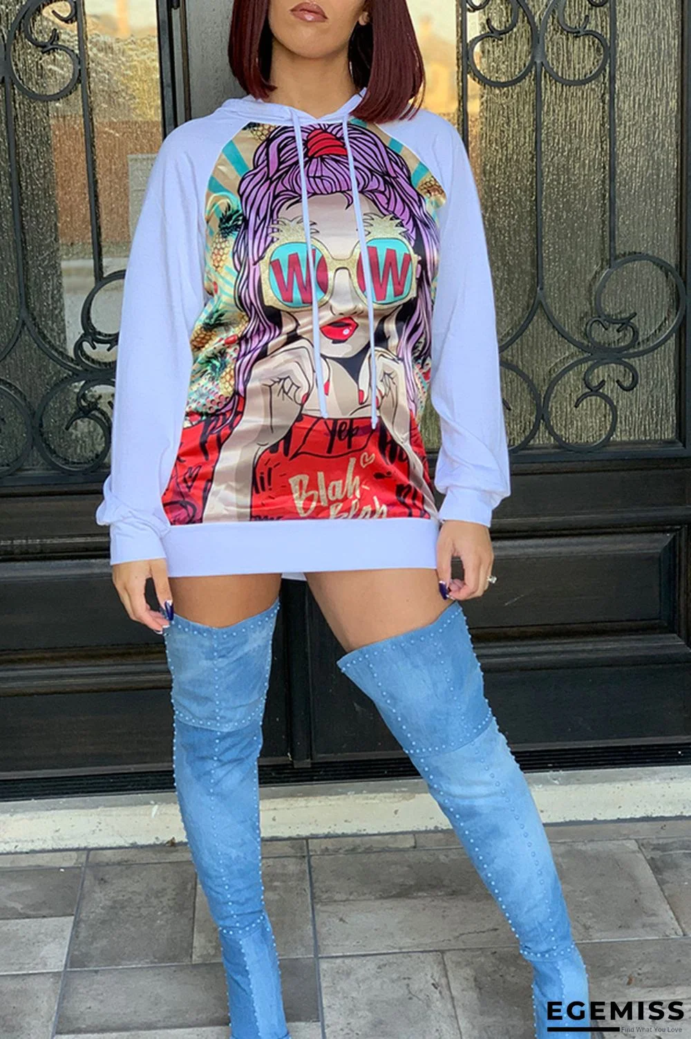 White hooded Print Blend Long Sleeve Sweats & Hoodies | EGEMISS