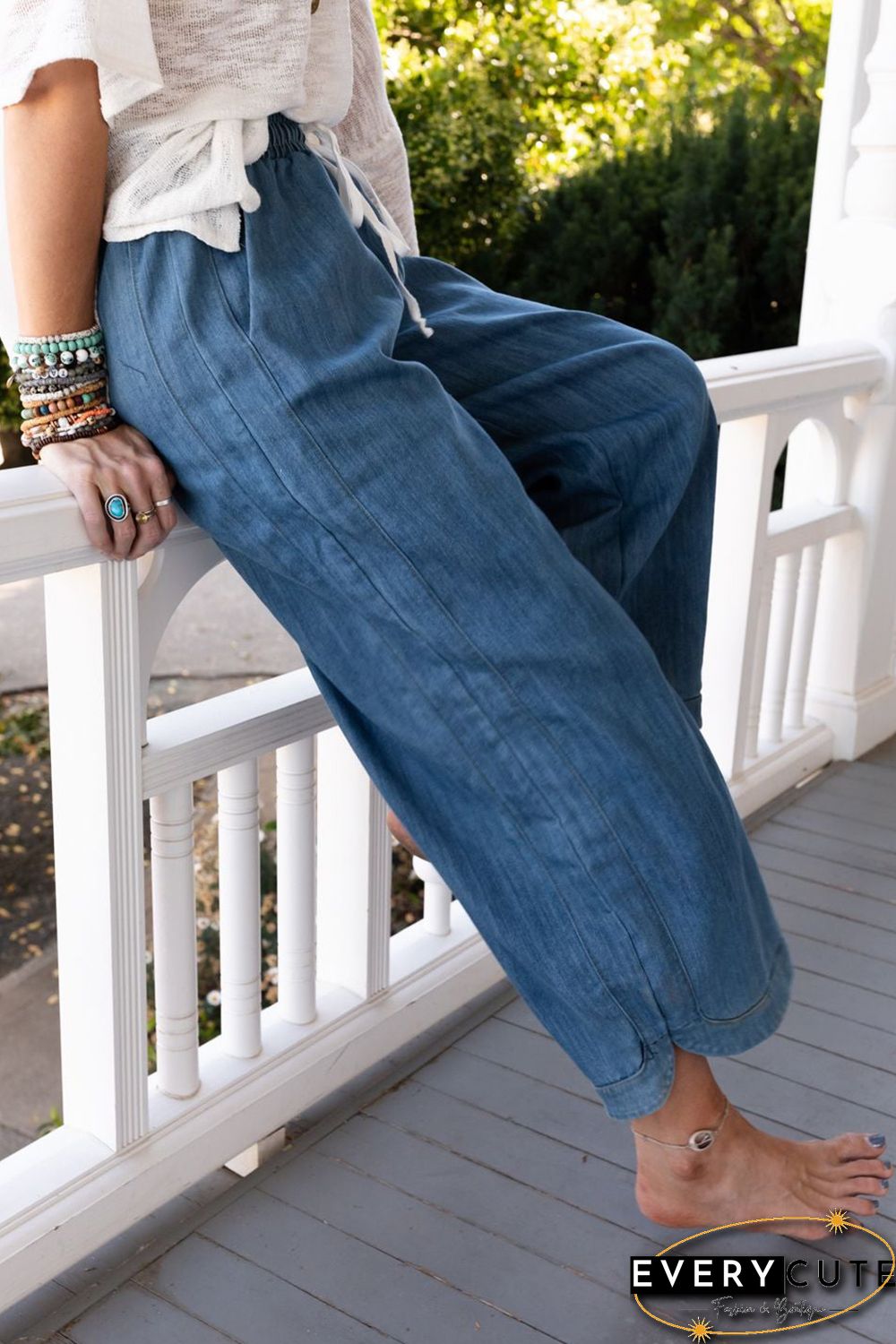 Sky Blue Wide Leg Drawstring Waist Loose Pants