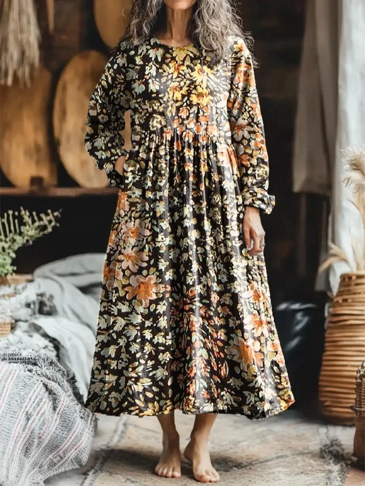 Women's Floral Art Pattern Print Pocket Cotton Dress